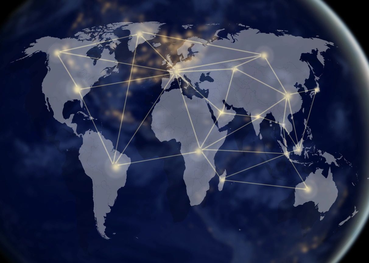 Map of the world with connected glowing points.